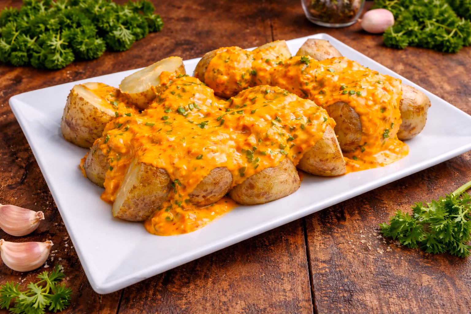 Foto de papas chorreadas sobre un plato color blanco. Todo sobre una mesa de madera. En el fondo se ven ajos y cilantro como decoración.