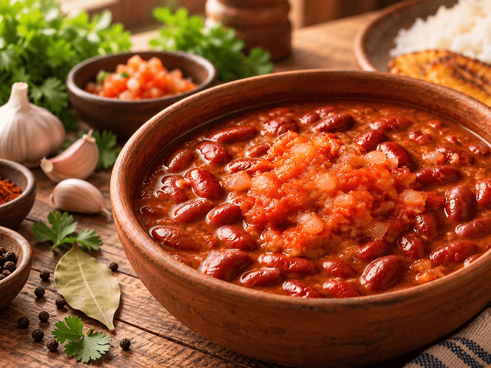 Plato de fríjoles rojos guisados con tomate y cebolla, acompañado de arroz y plátano asado.